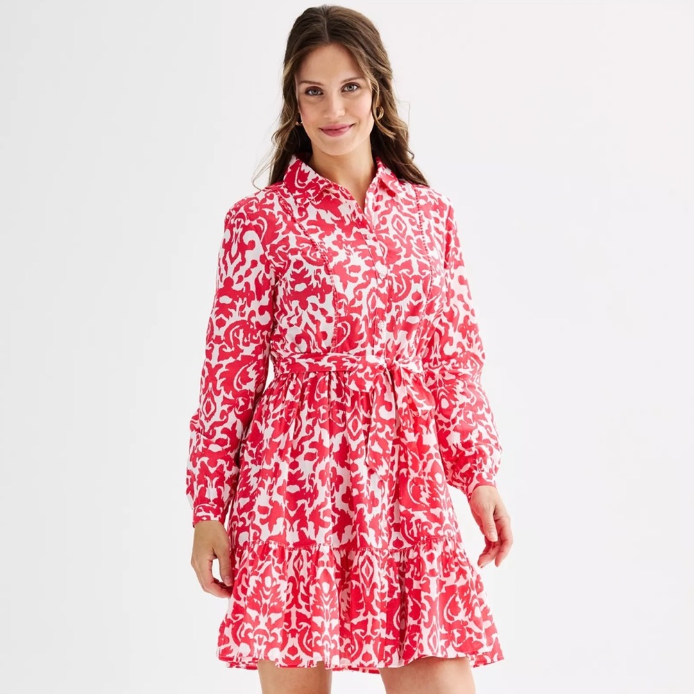 NWT Women's Ellen Tracy Shirt Dress with Self Tie and Ruffle Hem